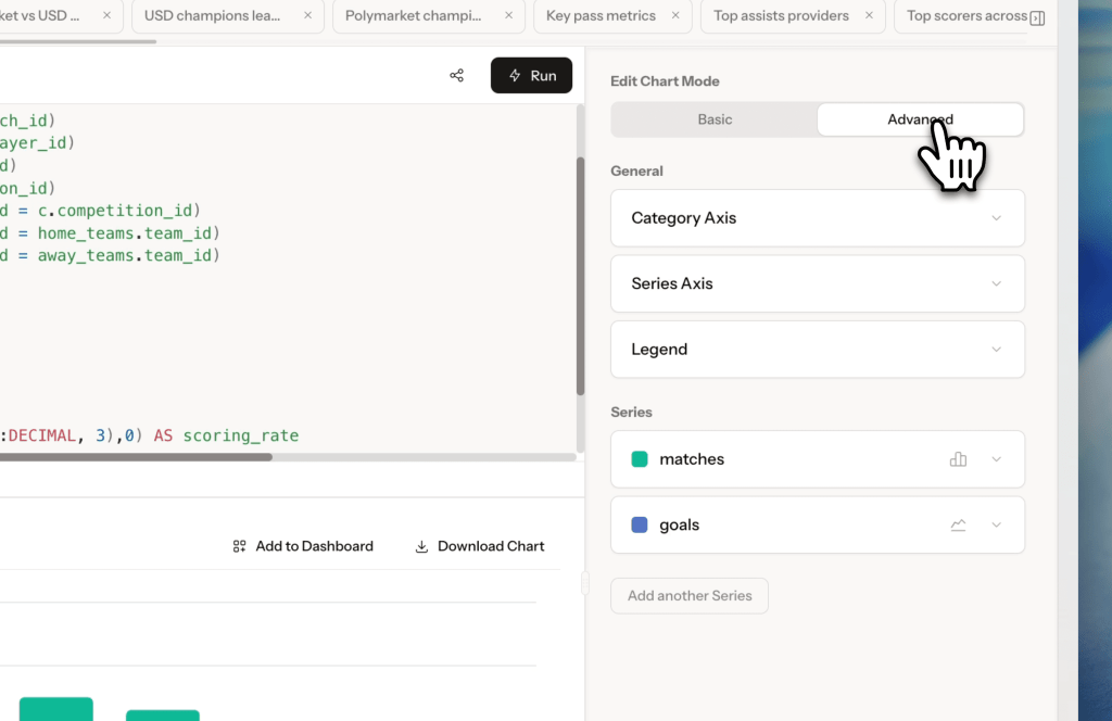 A user interface of a data visualization tool showing code and options for editing a chart, including settings for category axis, series axis, and series types like matches and goals.
