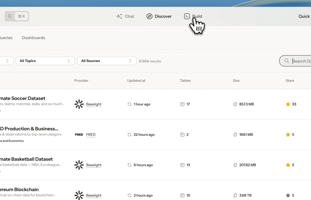 Screenshot of a data management interface displaying various datasets, including soccer and basketball datasets, with options for querying and filtering data.