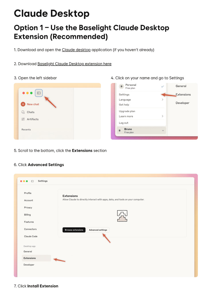 Instructions for installing the Baselight Claude Desktop extension, featuring a step-by-step guide with screenshots of the Claude Desktop interface.