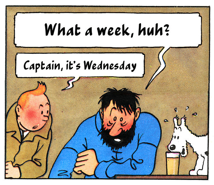 A cartoon panel featuring two characters and a dog. One character, in a beige coat, speaks to a bearded man in a blue shirt seated at a table. The speech bubble from the first character says 'What a week, huh?' while the bearded man responds with 'Captain, it's Wednesday.' A small dog sits beside the table.