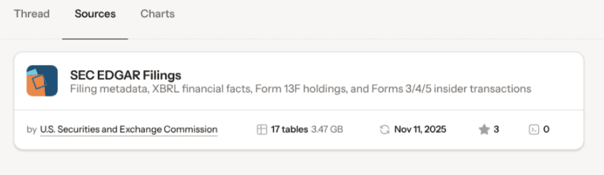 Screenshot of SEC EDGAR Filings source data, detailing filing metadata and financial facts.