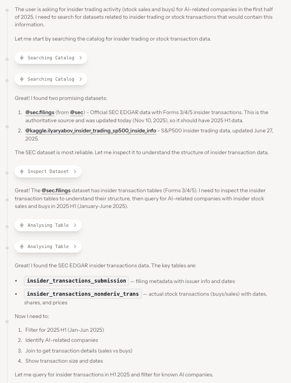 A user interface displaying a search and analysis feature for insider trading datasets related to AI companies, including options for filtering, inspecting datasets, and analyzing transaction tables.