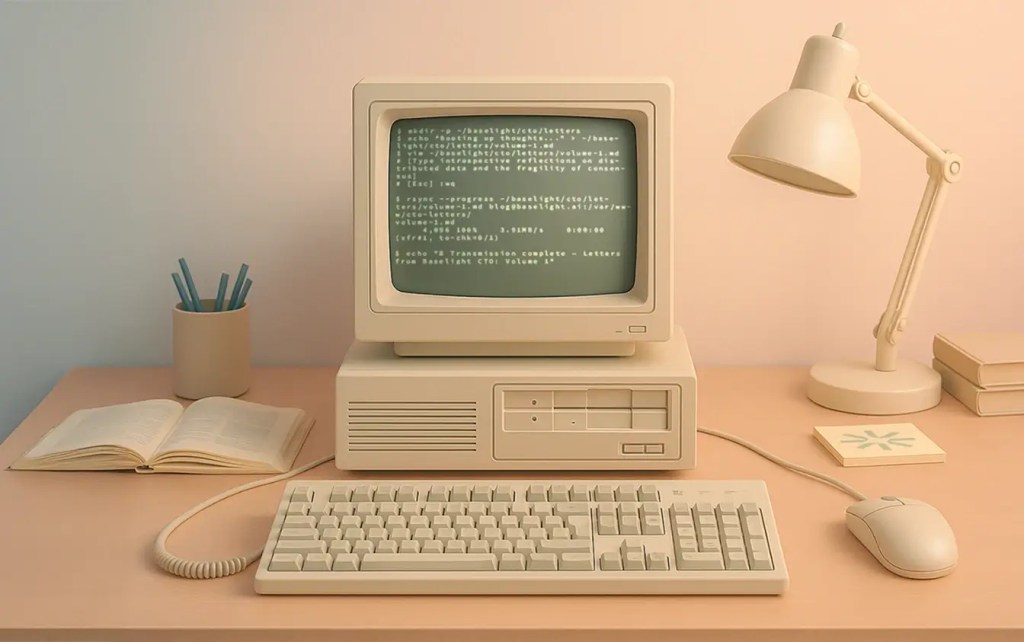 A vintage computer setup on a wooden desk featuring a monitor displaying green code, a keyboard, a mouse, a desk lamp, a cup with pens, an open book, and some stacked notebooks.