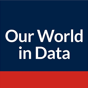 Logo of Our World in Data featuring a blue background with white text.