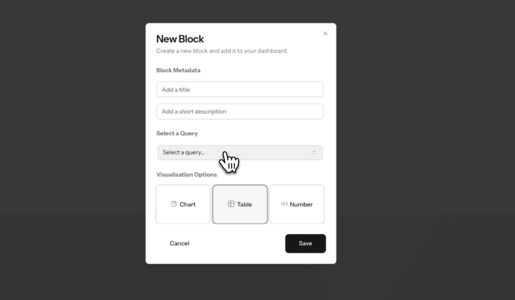 A user interface window titled 'New Block' for creating a new block on a dashboard, featuring fields for adding a title and description, a dropdown to select a query, and options for visualization type, including Chart, Table, and Number.
