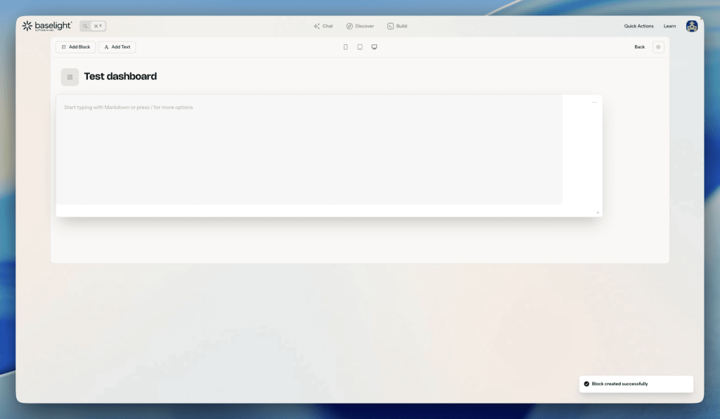 Screenshot of a digital dashboard interface titled 'Test dashboard' with a blank text area for input and options to add blocks or text.