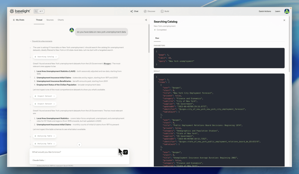 Screenshot of a data querying interface displaying search results for New York unemployment datasets from the US Government, including various data categories and dataset descriptions.